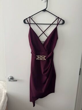 Charlotte Russe Burgundy Strappy Asymmetrical Dress with Gold Buckle